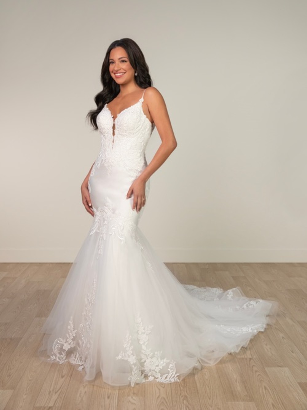 Stella York modern satin trumpet wedding dress with plunging neckline SY8172